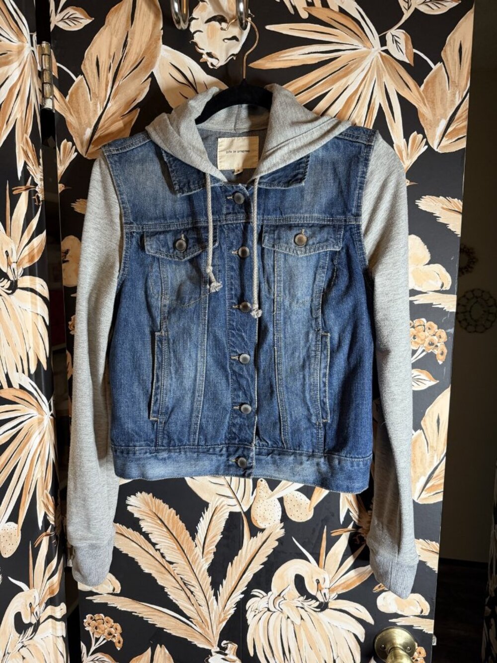 Life in Progress Denim Jacket Gray Hooded Sweatshirt Sleeves Size M